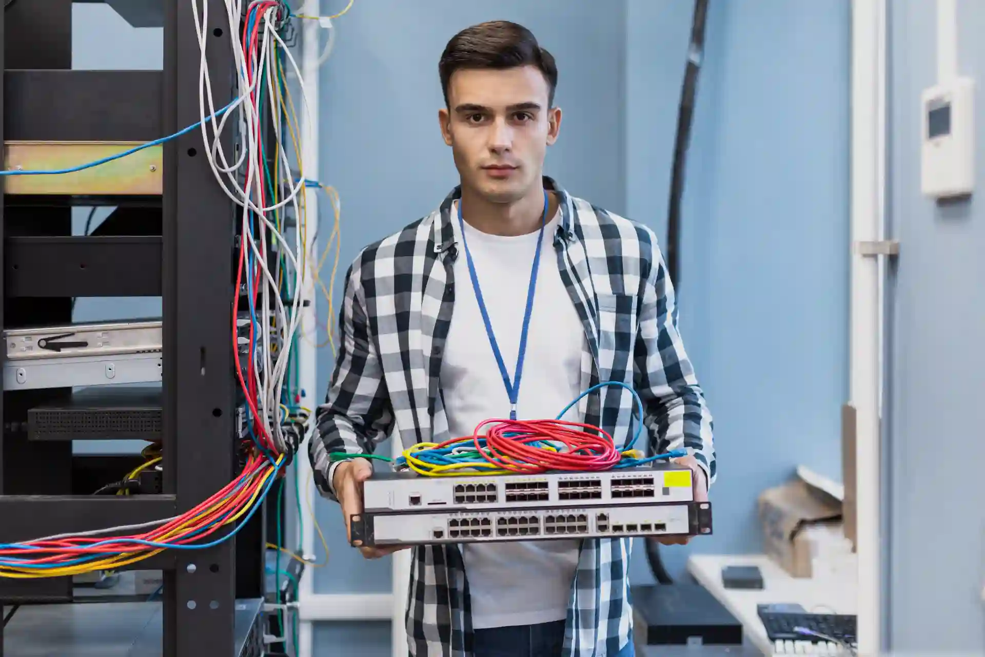 man-holding-ethernet-switches-wires man holding ethernet switches wires