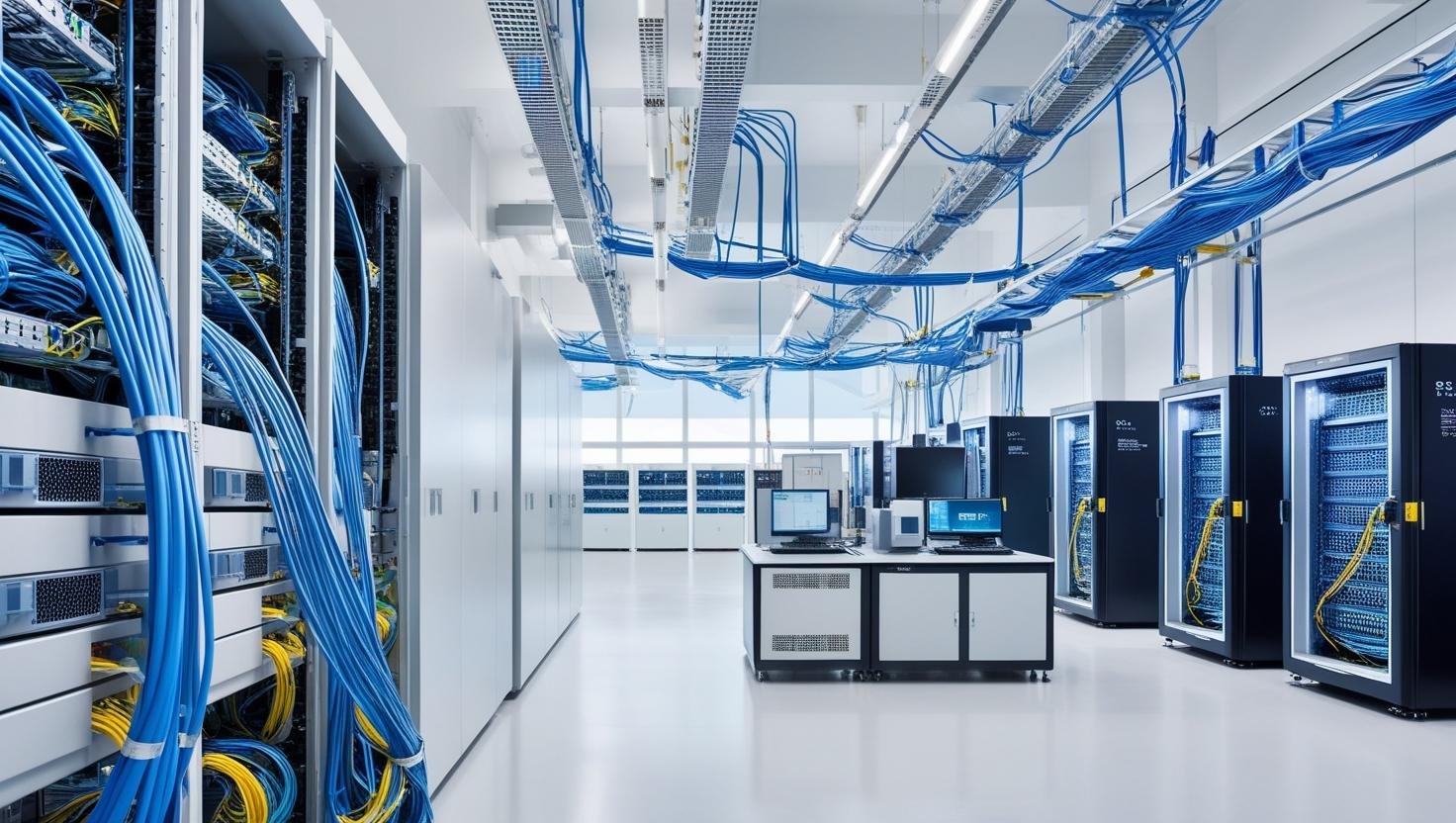 Major telecom company's R&D Lab management. Just focus on the lab infrastructure, connectivity and tools. There is no need for any text in the image (1) Lab Infrastructure
