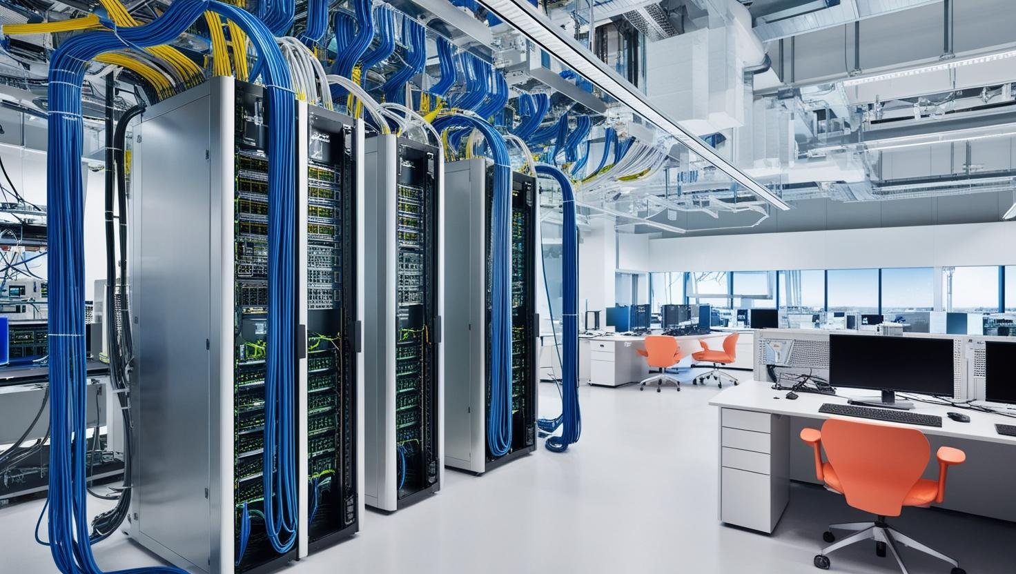 Major telecom company's R&D Lab management. Just focus on the lab infrastructure, connectivity and tools. There is no need for any text in the image Lab management