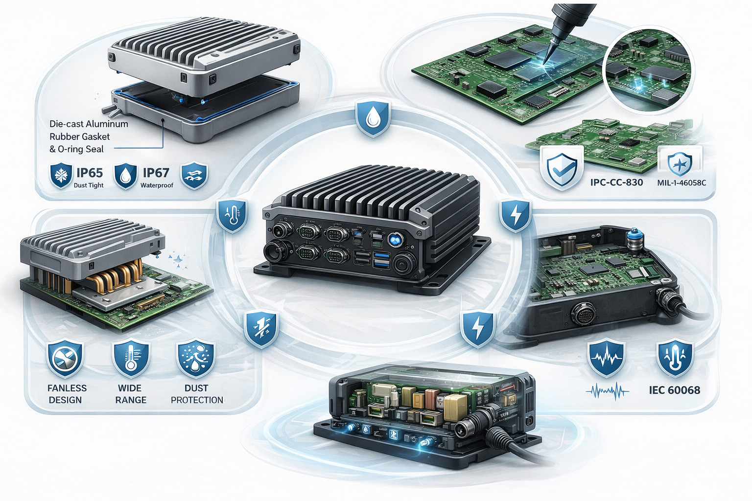 Rugged industrial device showing enclosure sealing, conformal coating, thermal management, shock resistance, and power protection