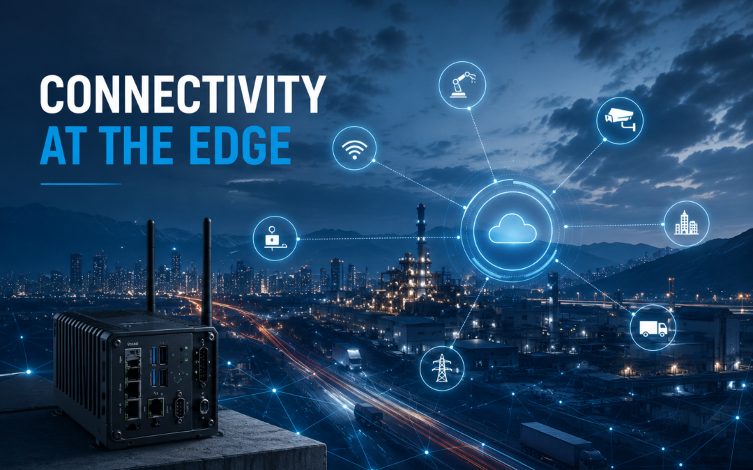 Connectivity at the edge illustration showing industrial networking, IoT devices, edge computing, cloud connectivity, and secure enterprise infrastructure.