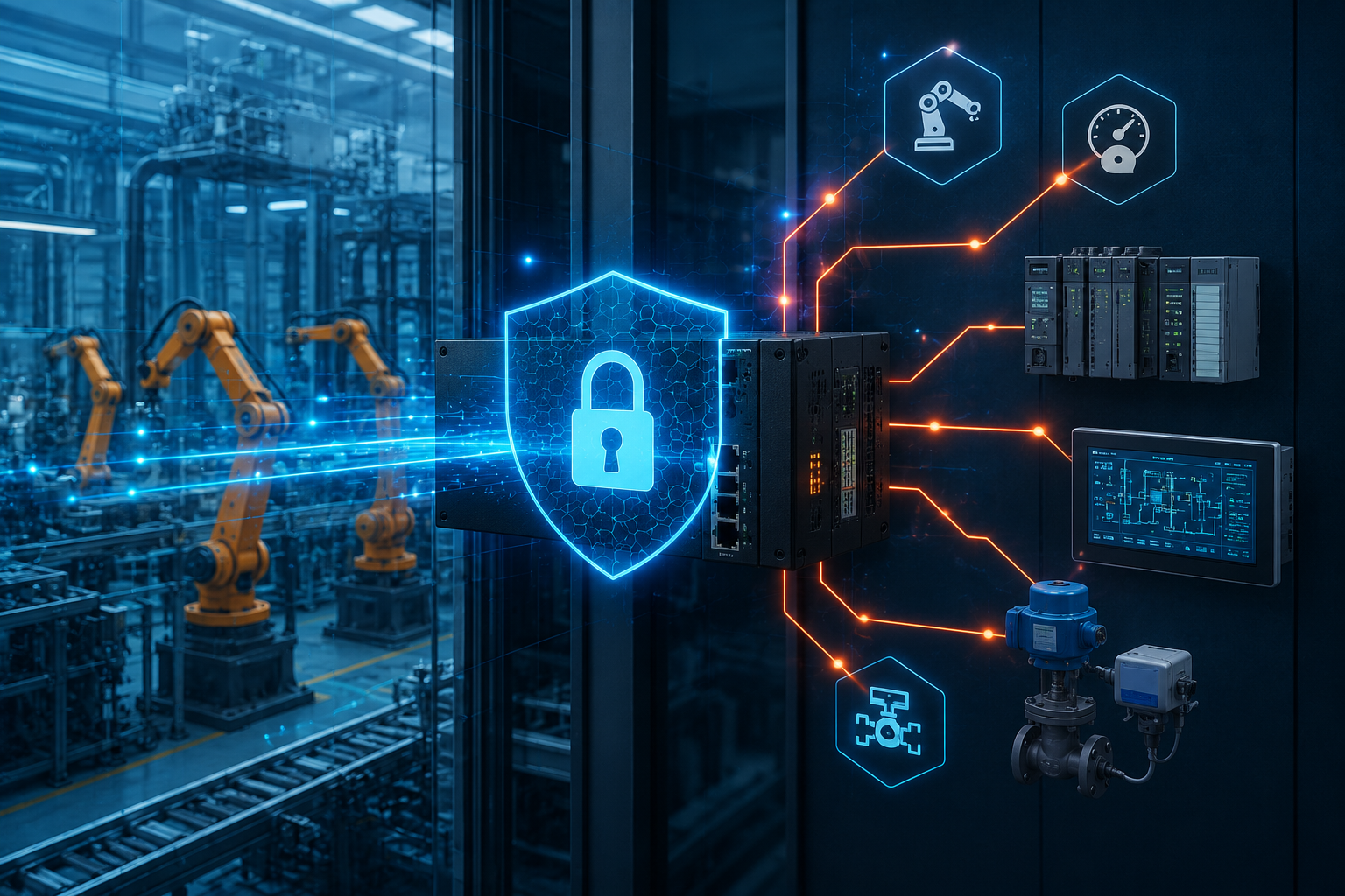 Industrial operational technology security illustration showing a protected industrial firewall securing PLCs, HMI systems, and factory automation devices with virtual patching, protocol inspection, and network microsegmentation in a smart manufacturing environment.