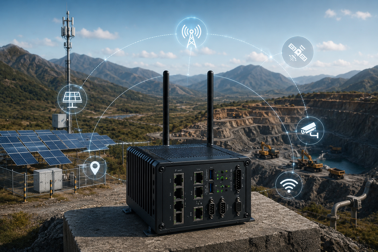 Industrial edge firewall providing 5G, dual SIM, GPS, and secure connectivity for remote solar farms, mining operations, and unmanned industrial sites.