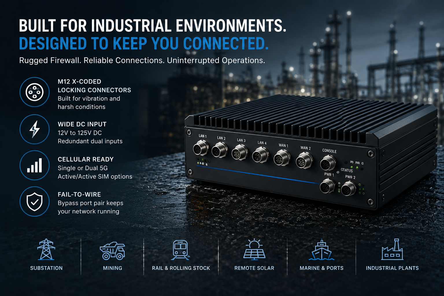 Industrial rugged firewall with M12 connectors designed for reliable deployment in harsh plant and industrial environments.