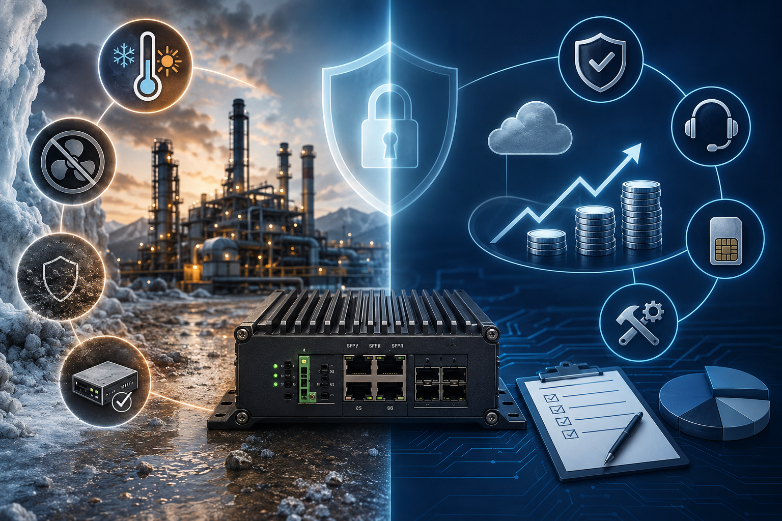 Industrial edge firewall providing 5G, dual SIM, GPS, and secure connectivity for remote solar farms, mining operations, and unmanned industrial sites.